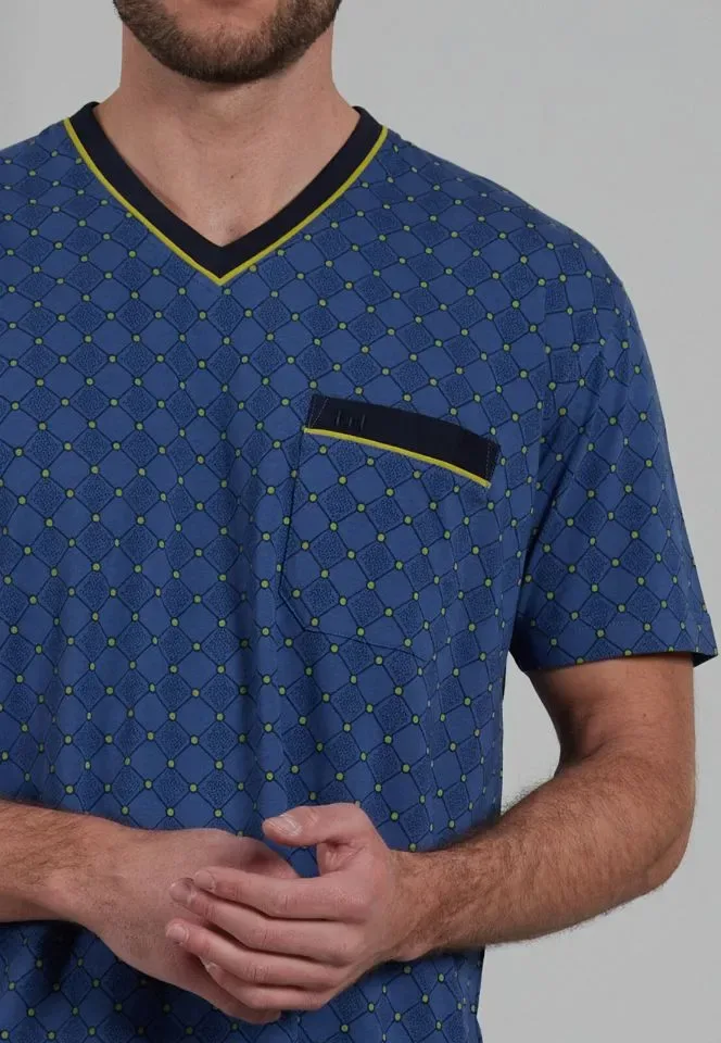 Gotzburg Pyjama Heren: Blauw, V hals ( GOT.59 )
