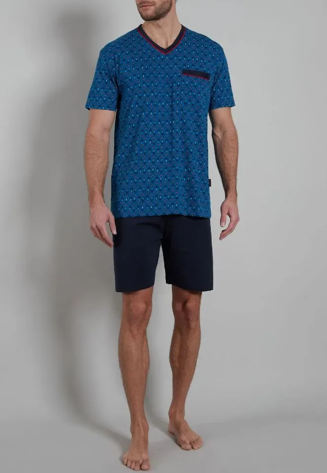 Gotzburg Heren Pyjama: Blauw, korte mouw, short ( GOT.62 )