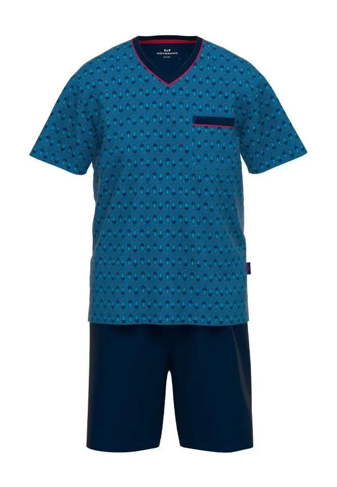 Gotzburg Heren Pyjama: Blauw, korte mouw, short ( GOT.62 )