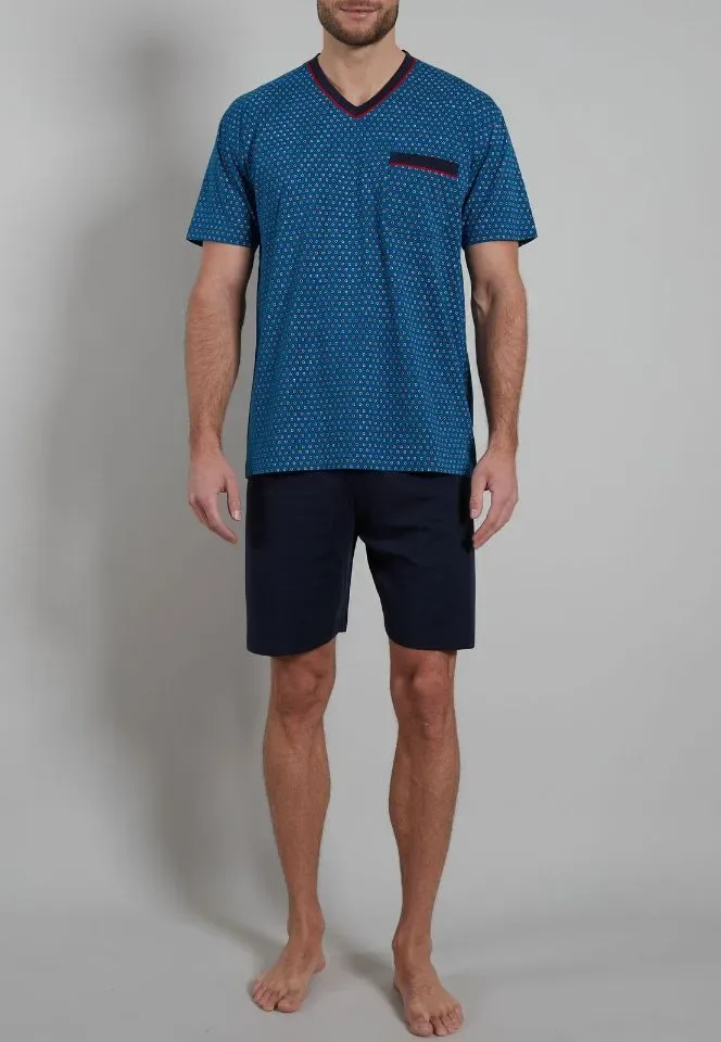 Gotzburg Heren Pyjama: Blauw, korte mouw, short ( GOT.63 )