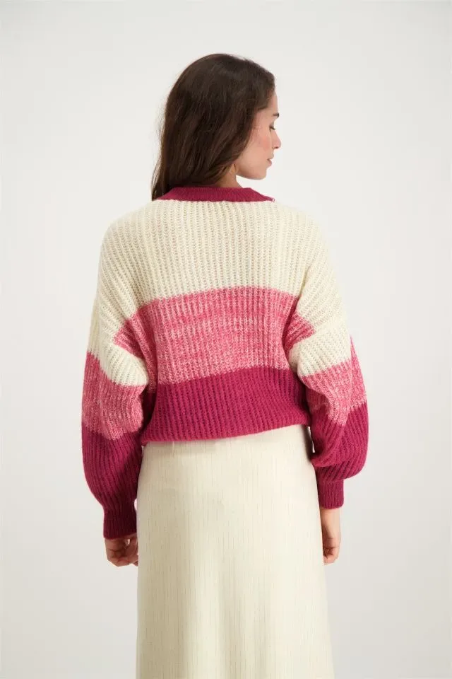 Signe Nature Cardigan met knopen: Ecru / Magenta ( Signe.1246 )