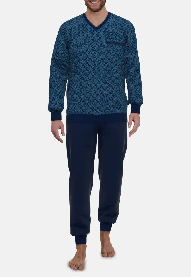 Gotzburg Heren pyjama: Blauw, V hals, Katoen ( GOT.66 )