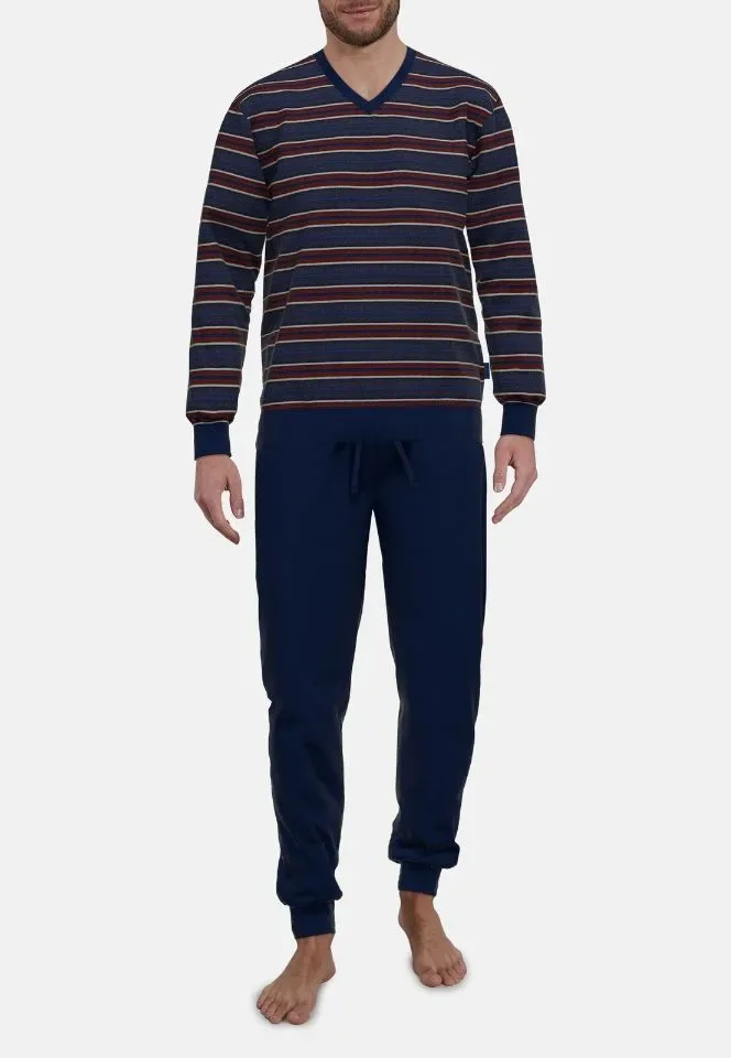 Gotzburg Heren Pyjama: Velours, Blauw - Bordeau ( GOT.70 )