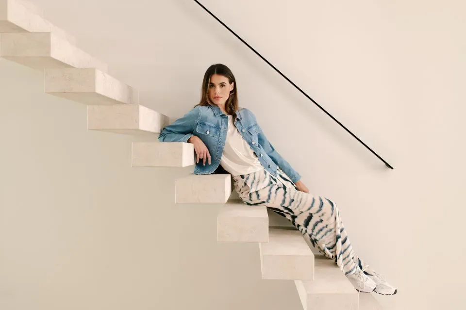 Signe Nature Broek: Ecru / blauw, Los model, Elastiek ( Signe.1290