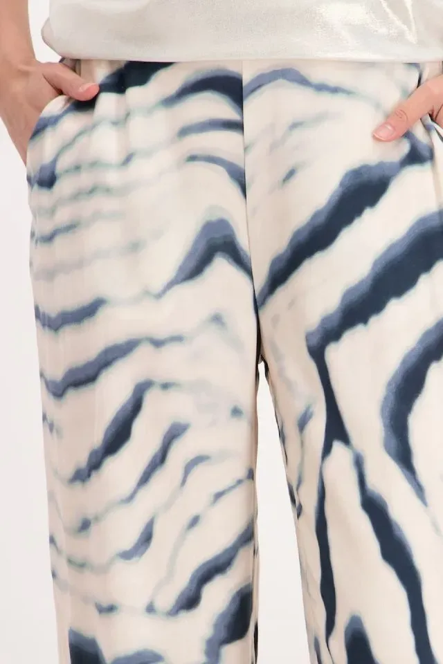Signe Nature Broek: Ecru / blauw, Los model, Elastiek ( Signe.1290