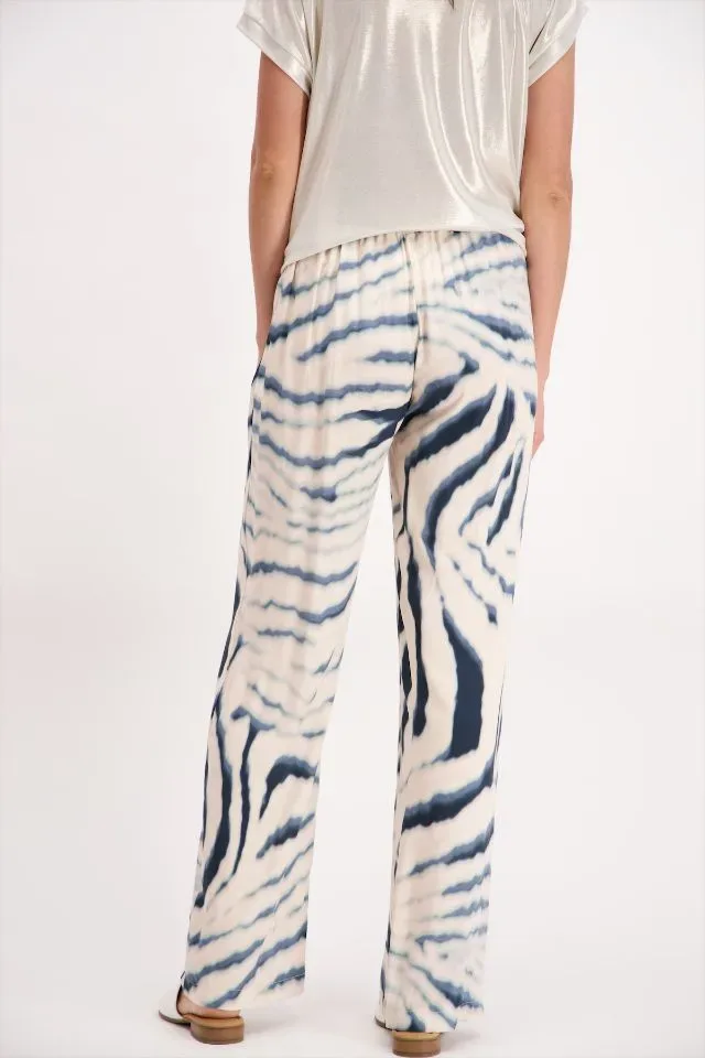 Signe Nature Broek: Ecru / blauw, Los model, Elastiek ( Signe.1290