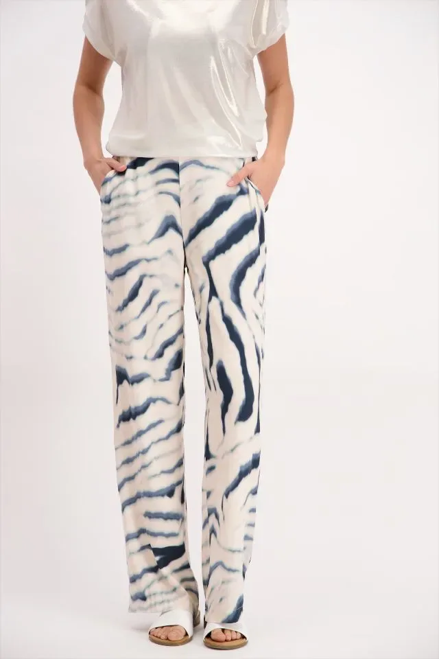 Signe Nature Broek: Ecru / blauw, Los model, Elastiek ( Signe.1290