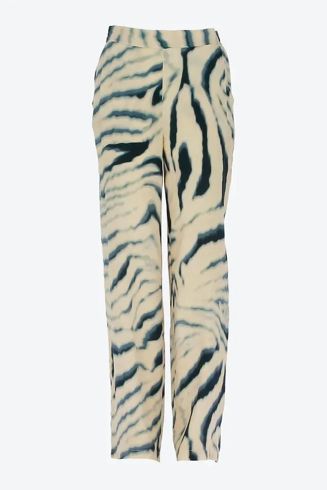 Signe Nature Broek: Ecru / blauw, Los model, Elastiek ( Signe.1290