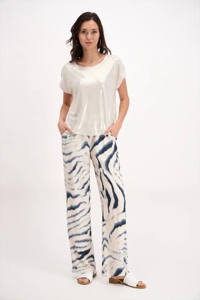 Signe Nature Broek: Ecru / blauw, Los model, Elastiek ( Signe.1290