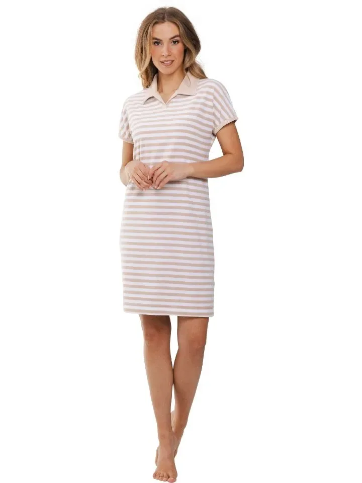 Pastunette Rebelle Dames nachthemd: Beige Gestreept, Terry badstof ( zomerse badstof ) ( PAS.87 )