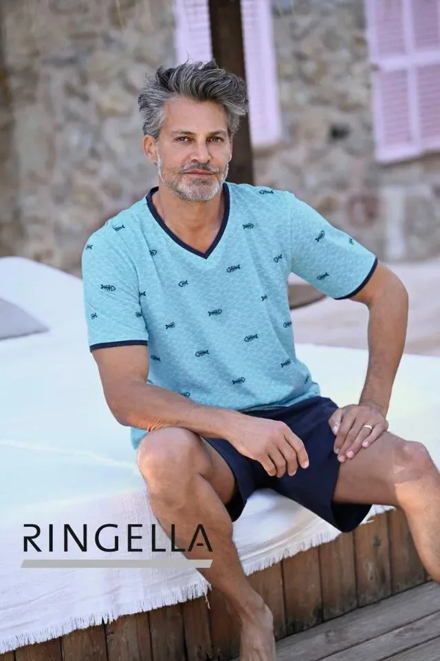 Ringella heren pyjama: Blauw met haaien / vissen motief ( RIN.575 )
