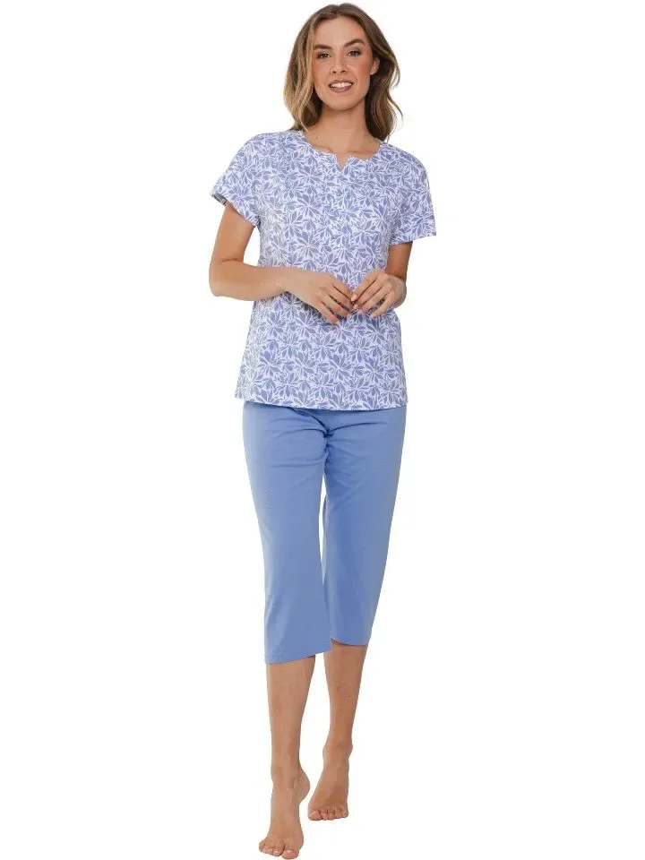 Pastunette Dames pyjama: korte mouw / capri broek, blauw / ecru ( PAS.106 )