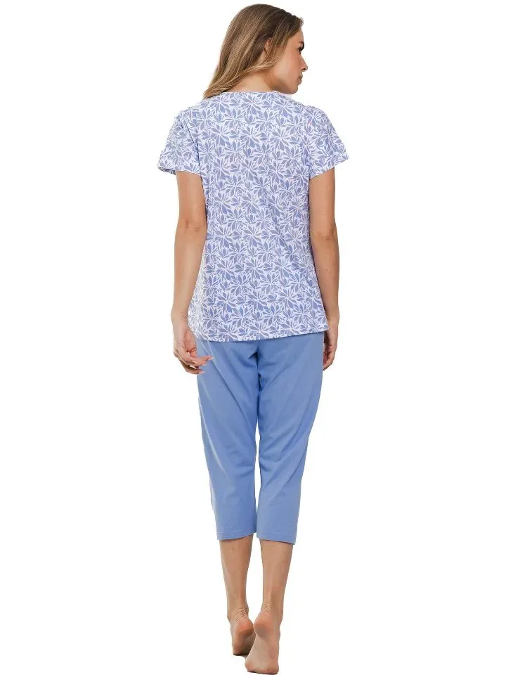 Pastunette Dames pyjama: korte mouw / capri broek, blauw / ecru ( PAS.106 )