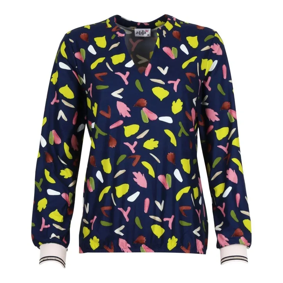 She Goes LaLa Dames T-shirt lange mouwen: Goedele, Blauw bedrukt ( SHE.8 )