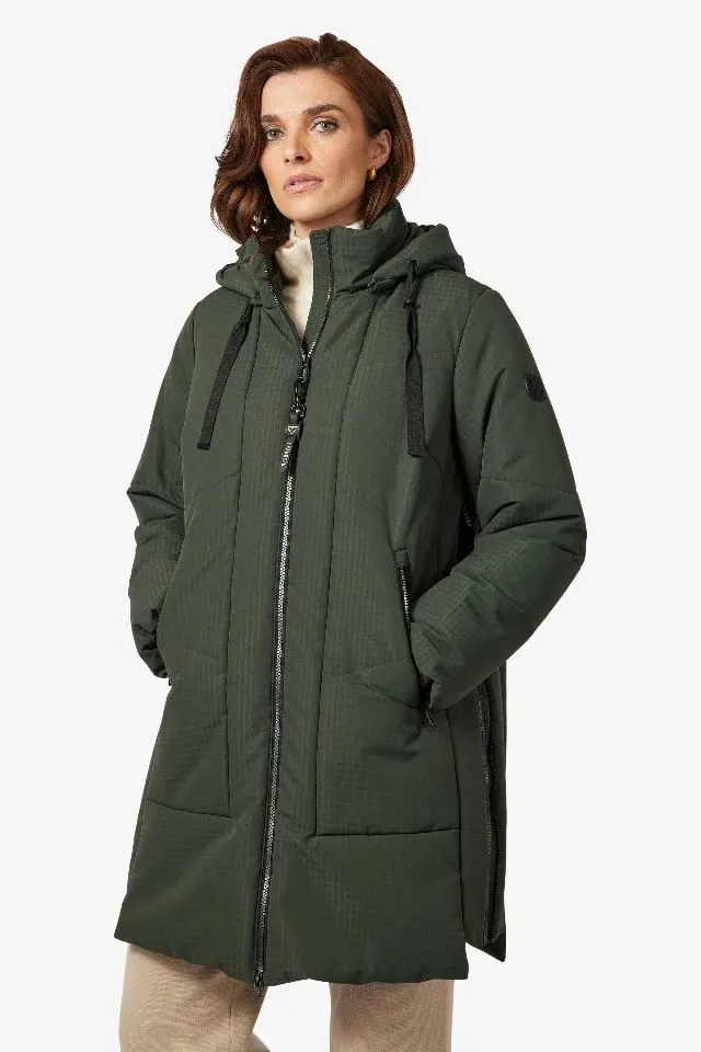 Frandsen Winterjas Dames: Kaki, lang model, afneembare kap, tot maat 52 ( FRA.19 )