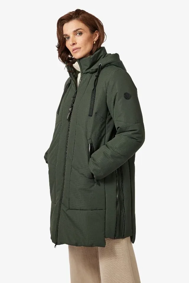Frandsen Winterjas Dames: Kaki, lang model, afneembare kap, tot maat 52 ( FRA.19 )