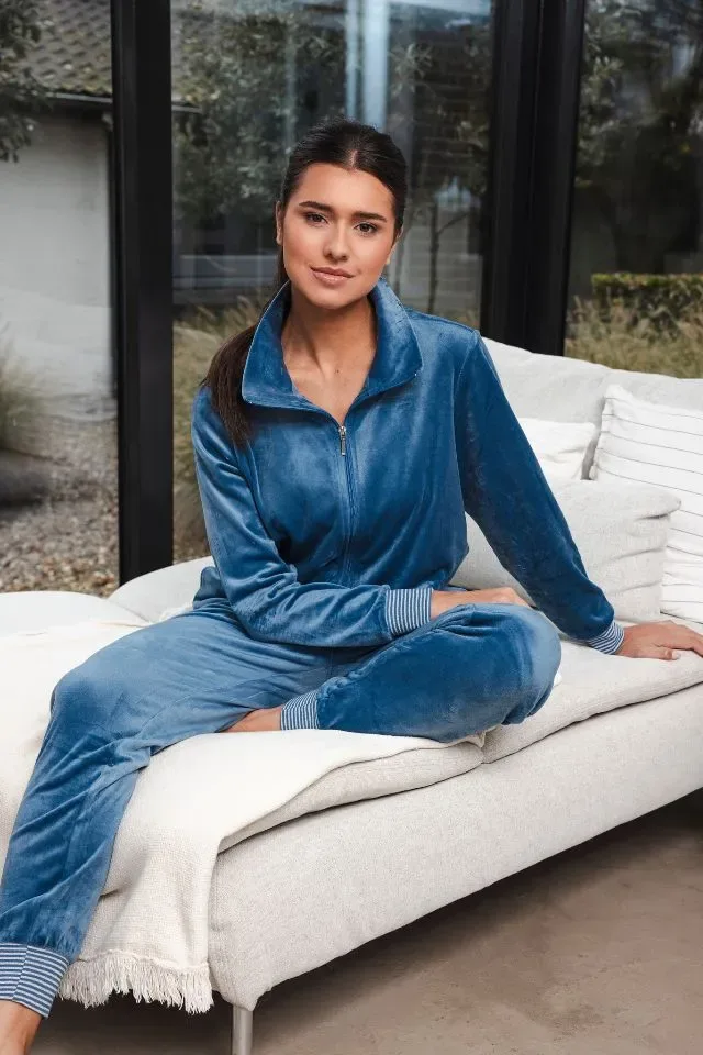 Pastunette Dames homewear: Blauw, met rits, Velours ( PAS.140 )