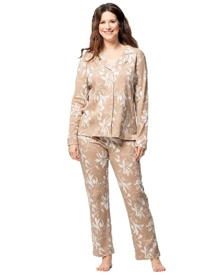 Egatex dames Pyjama: Camel / ecru Doorknoop model ( EGA.509 )