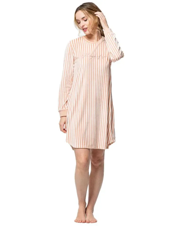 Egatex dames Nachthemd: Peach gestreept, Velours ( EGA.511 )