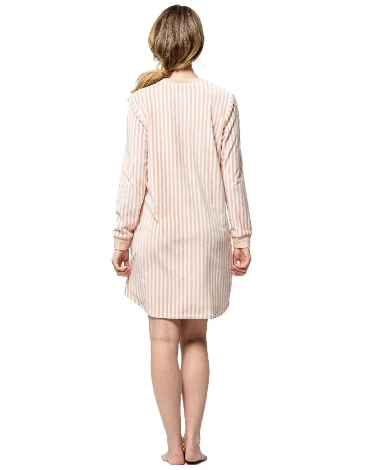 Egatex dames Nachthemd: Peach gestreept, Velours ( EGA.511 )