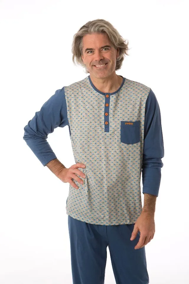 Perlina Heren Pyjama: Caleb A, Blauw, katoen ( LINA.120 )