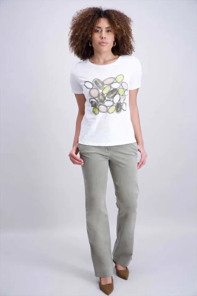 Signe Nature T-Shirt: Wit met kaki motief ( Signe.1375 )