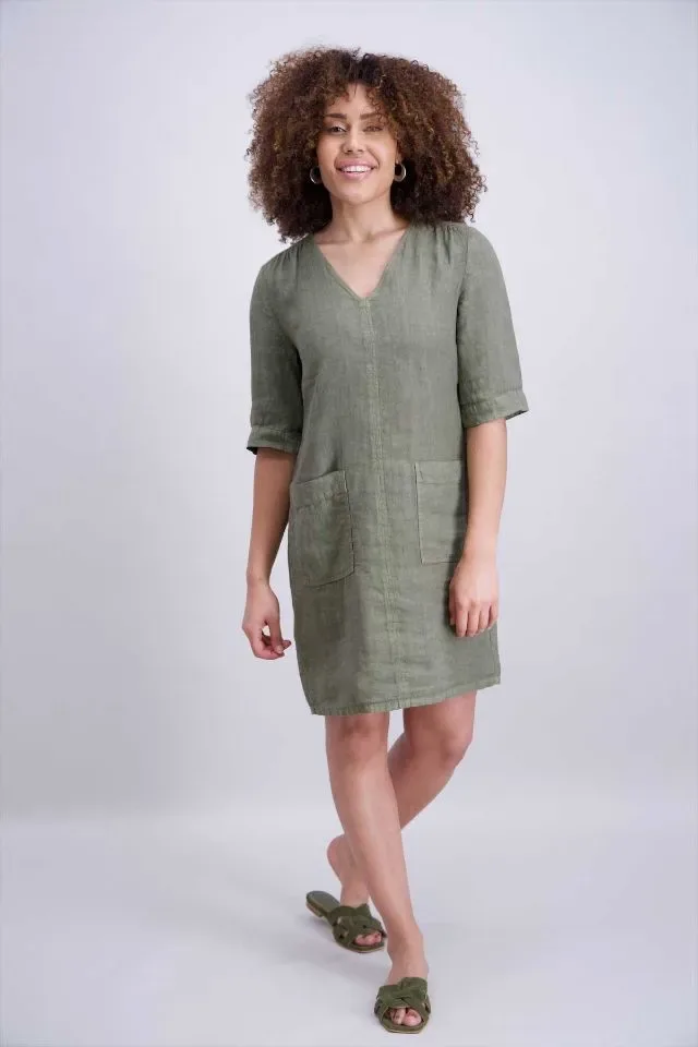 Signe Nature Dames kleed: Linnen, Kaki, korte mouw ( Signe.1377 )