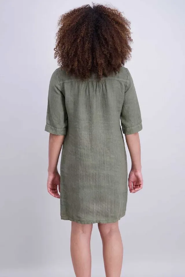 Signe Nature Dames kleed: Linnen, Kaki, korte mouw ( Signe.1377 )