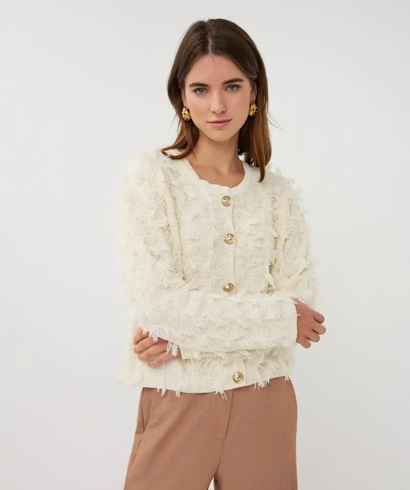Esqualo Cardigan: Ecru, Lange Mouw, met fringes ( ESQ.315 )