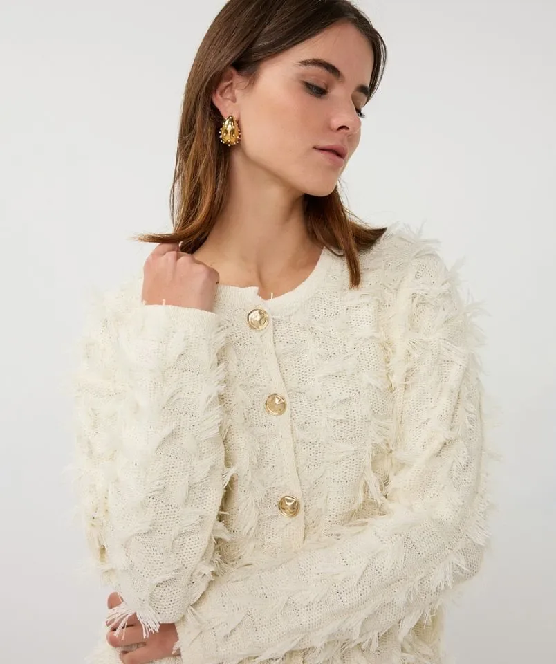 Esqualo Cardigan: Ecru, Lange Mouw, met fringes ( ESQ.315 )