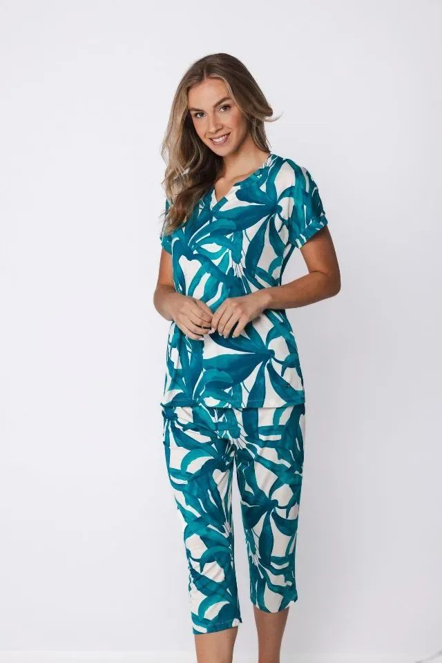 Pastunette Dames Pyjama: Turquoise, korte mouw - kniebroek ( PAS.155 )