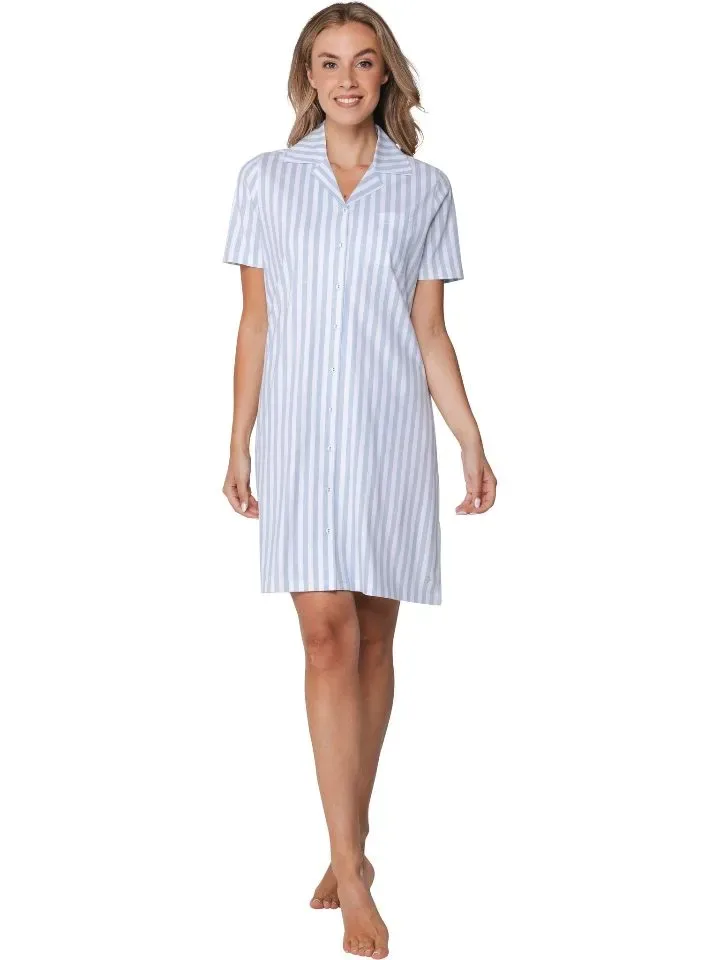 Pastunette dames nachthemd: Blauw gestreept, Doorknoop model, Korte mouw ( PAS.164 )
