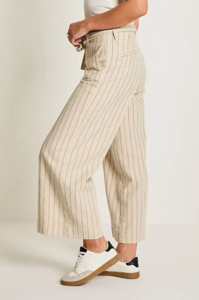 Para Mi Linnen Broek: Cloë Belt, Striped linnen, Sand kleur / Navy ( PARA.417 )