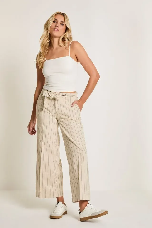 Para Mi Linnen Broek: Cloë Belt, Striped linnen, Sand kleur / Navy ( PARA.417 )