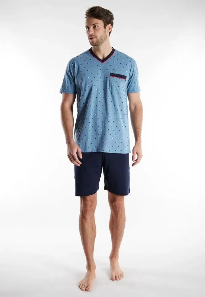 Gotzburg Heren pyjama: Blauw, Short / korte mouwen ( CEC.61 )