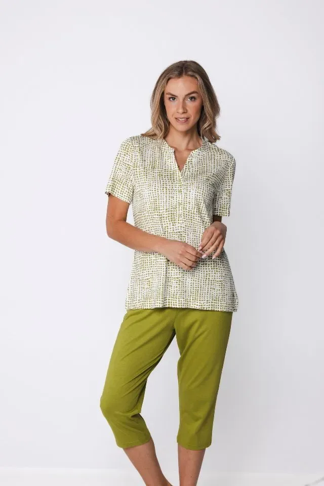 Pastunette Dames Pyjama: Groen, korte mouw - 3/4 broek ( PAS.175 )
