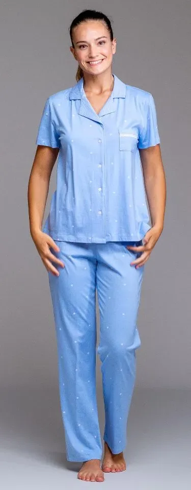 Egatex Dames pyjama: Blauw, Doorknoop model, korte mouw en lange broek ( EGA.530 )