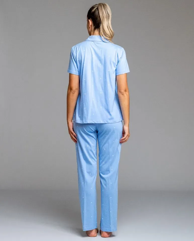 Egatex Dames pyjama: Blauw, Doorknoop model, korte mouw en lange broek ( EGA.530 )