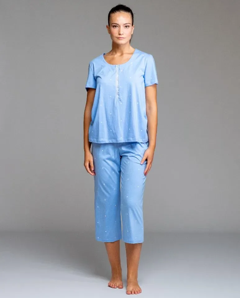 Egatex Dames pyjama: Blauw, korte mouw en kuitbroek ( EGA.531 )