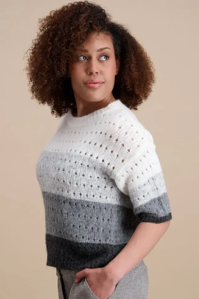 Signe Nature Dames trui: Grijs / ecru ( ajour ) Wol ( Signe.1389 )