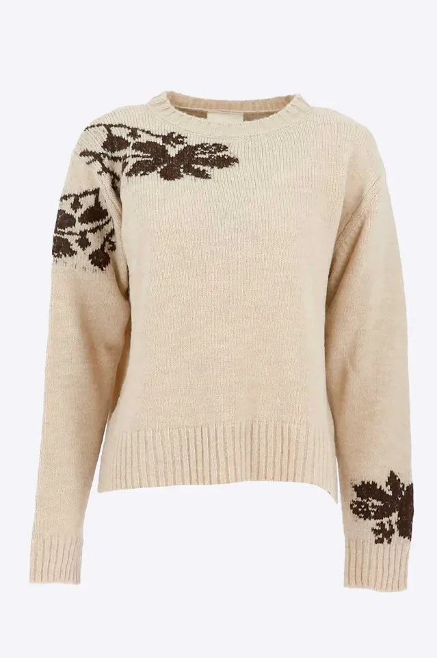 Signe Nature Dames trui: Beige met bruine bedrukking ( Signe.1399 )