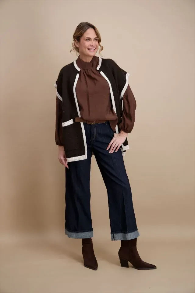 Signe Nature Dames Gilet: Bruin afgewerkt met beige ( Signe.1391 )