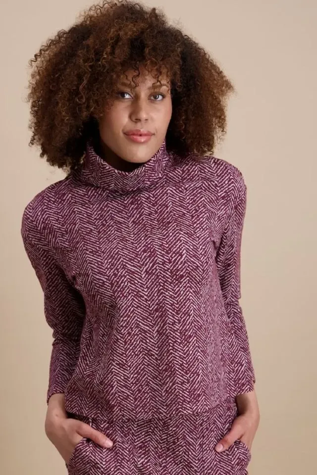 Signe Nature Sweater met rol kol: Bordeau, tweed motief ( Signe.1404 )