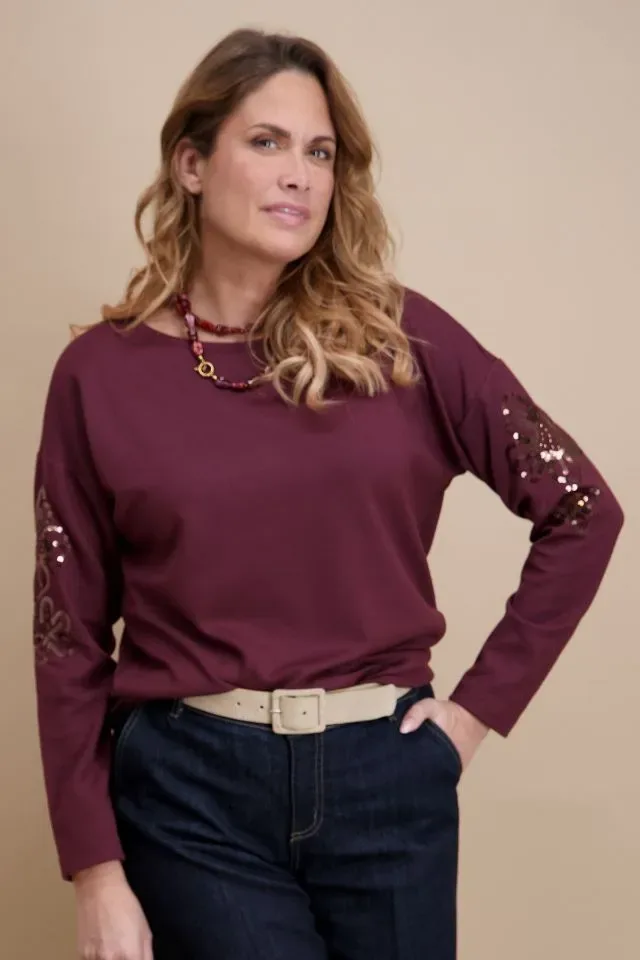Signe Nature Sweater met rol kol: Bordeau, tweed motief ( Signe.1403 )