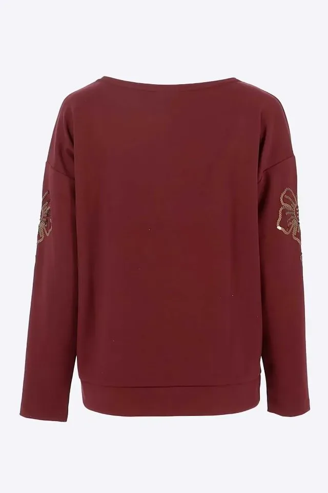 Signe Nature Sweater met rol kol: Bordeau, tweed motief ( Signe.1403 )