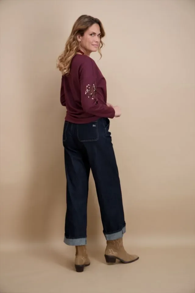 Signe Nature Sweater met rol kol: Bordeau, tweed motief ( Signe.1403 )