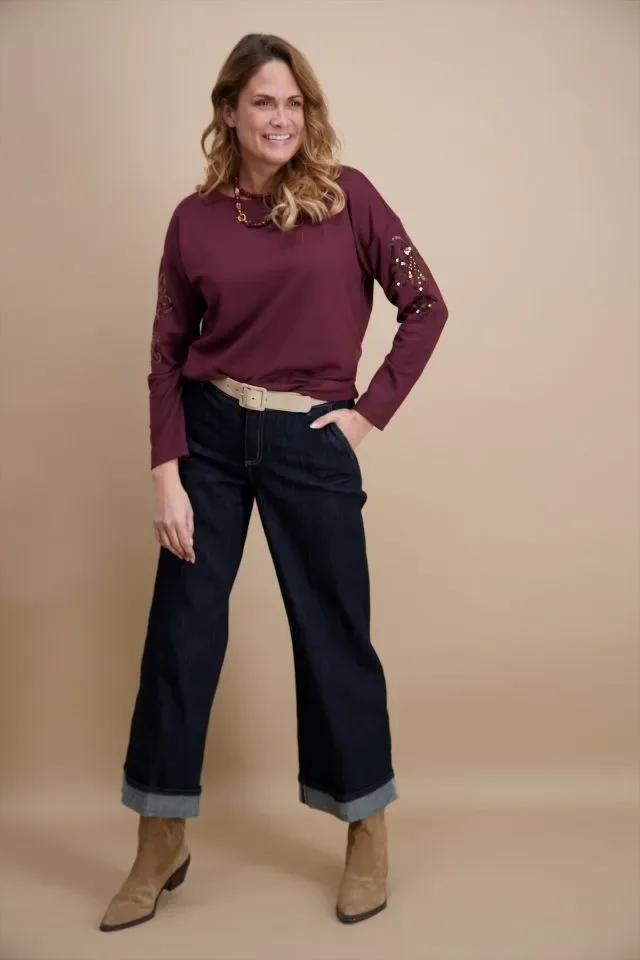 Signe Nature Sweater met rol kol: Bordeau, tweed motief ( Signe.1403 )