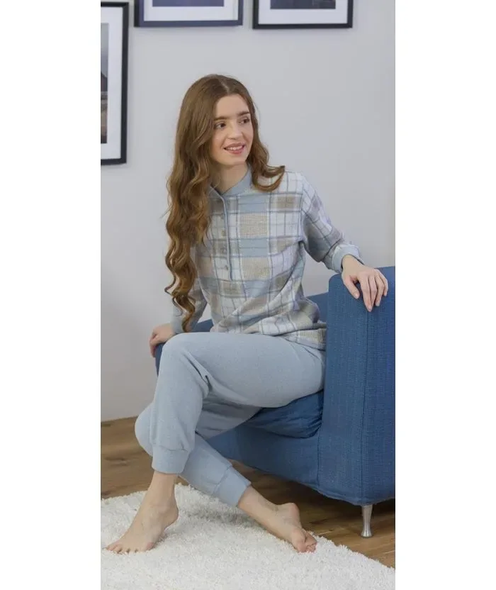 Gary Pyjama dames: Punto Milano, Bottoni ( blauw ), extra warm ( GARY.131)