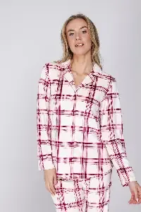 Pastunette dames Pyjama: Rode carree, Fleece, doorknoop model ( PAS.182 )