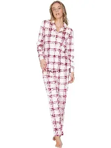Pastunette dames Pyjama: Rode carree, Fleece, doorknoop model ( PAS.182 )